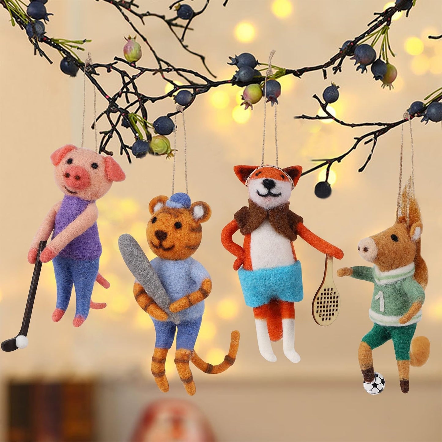 Set of 4 Christmas Felt Animal Athletes Ornaments, 5" Mini Hanging Wool Player Figurines, Tiered Tray Tabletop Decor, Animal Crafts Xmas Tree Festival Holiday Easter Gifts Home Office Party Supply