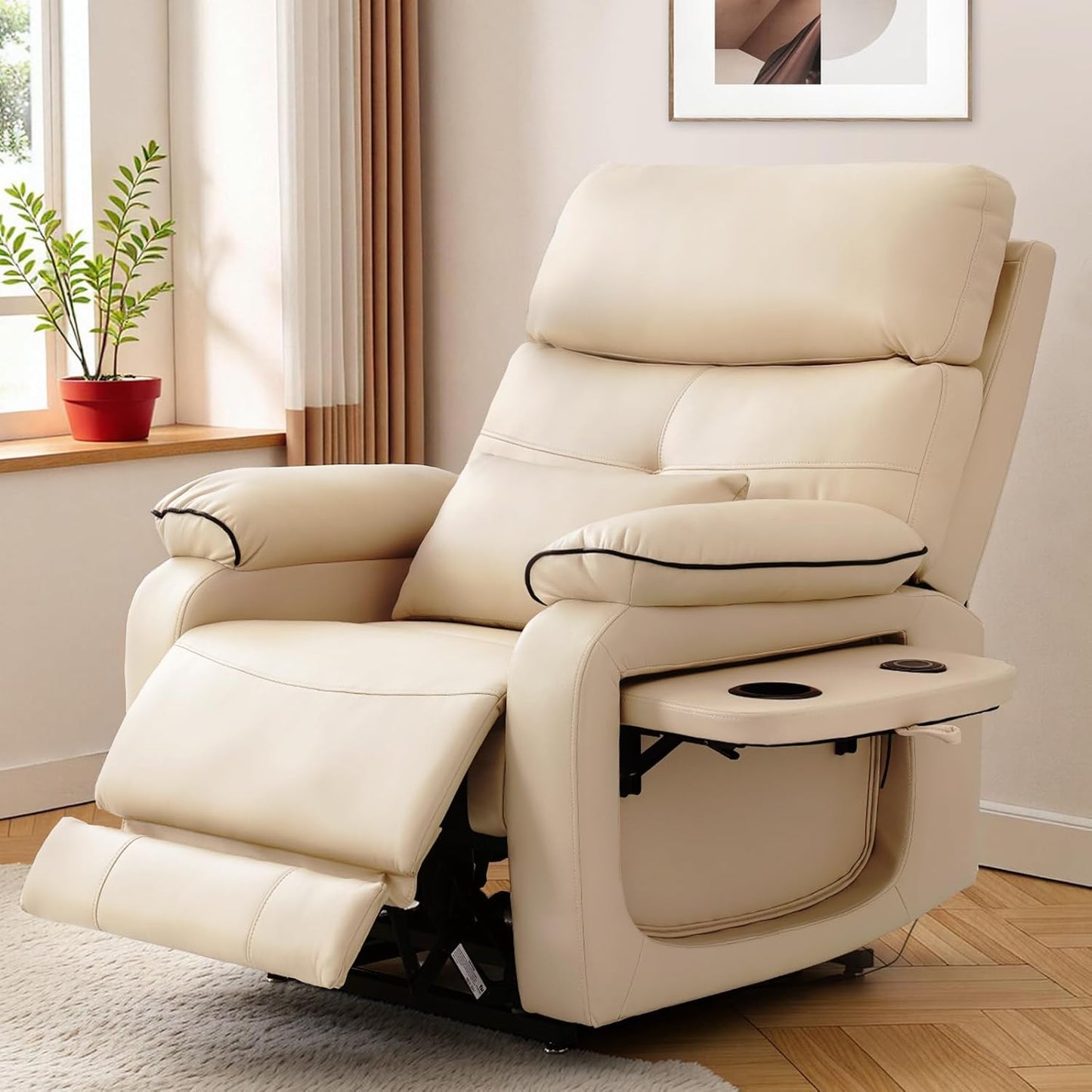 Dual Motor Power Lift Recliner Chair for Adult & Elderly, Infinite Position Lay Flat Lift Chair with Heat & Massage, Cup Holder, Lumbar Pillow, Wireless Charger, USB Ports, Leather (Beige)