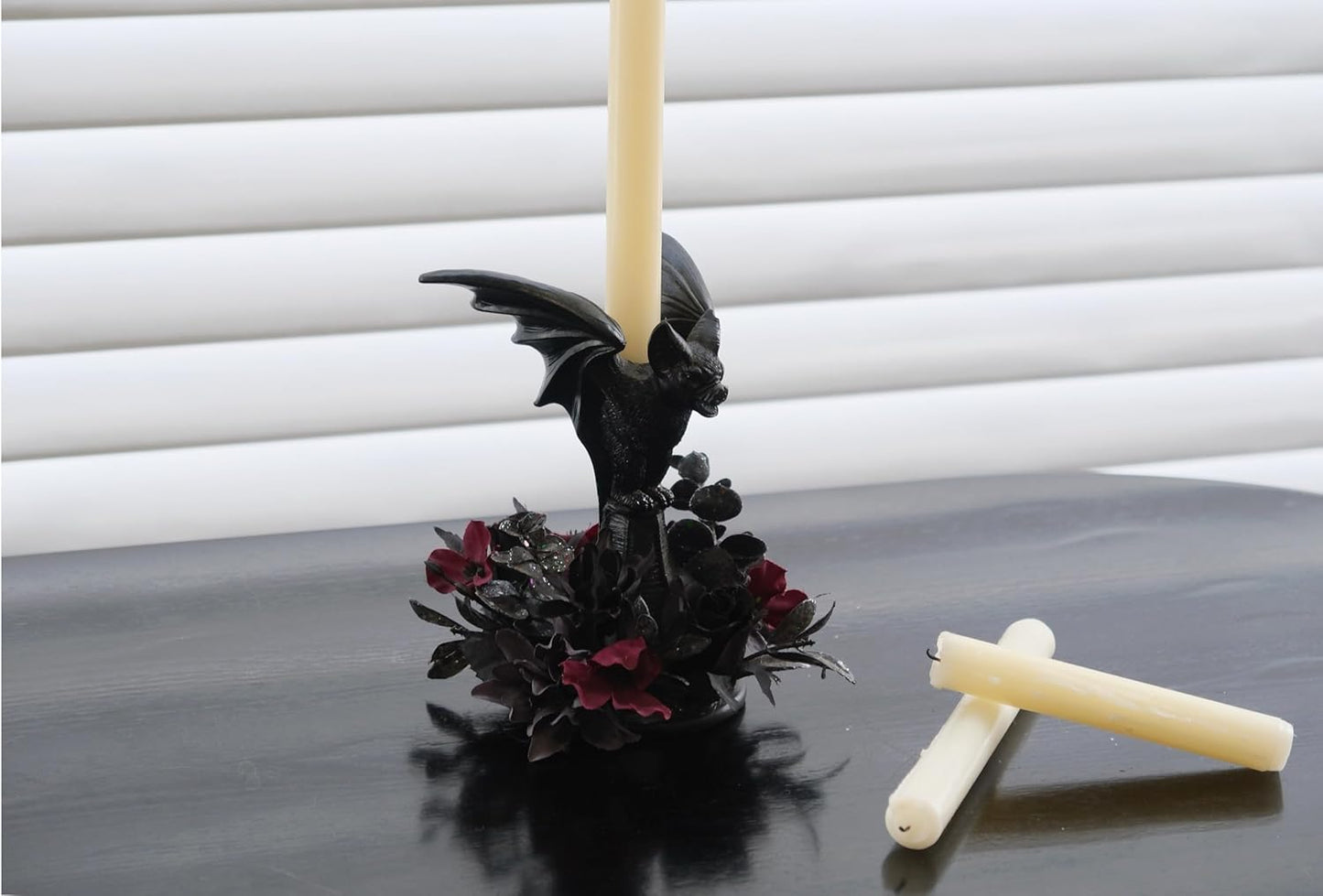 Bat Shaped Halloween Candle Holder, Black Resin Candlestick Holder with Black&Burgundy Artificial Flower, Gothic Halloween Decor for Coffee Table/Dining Table Centerpiece, 6" Height