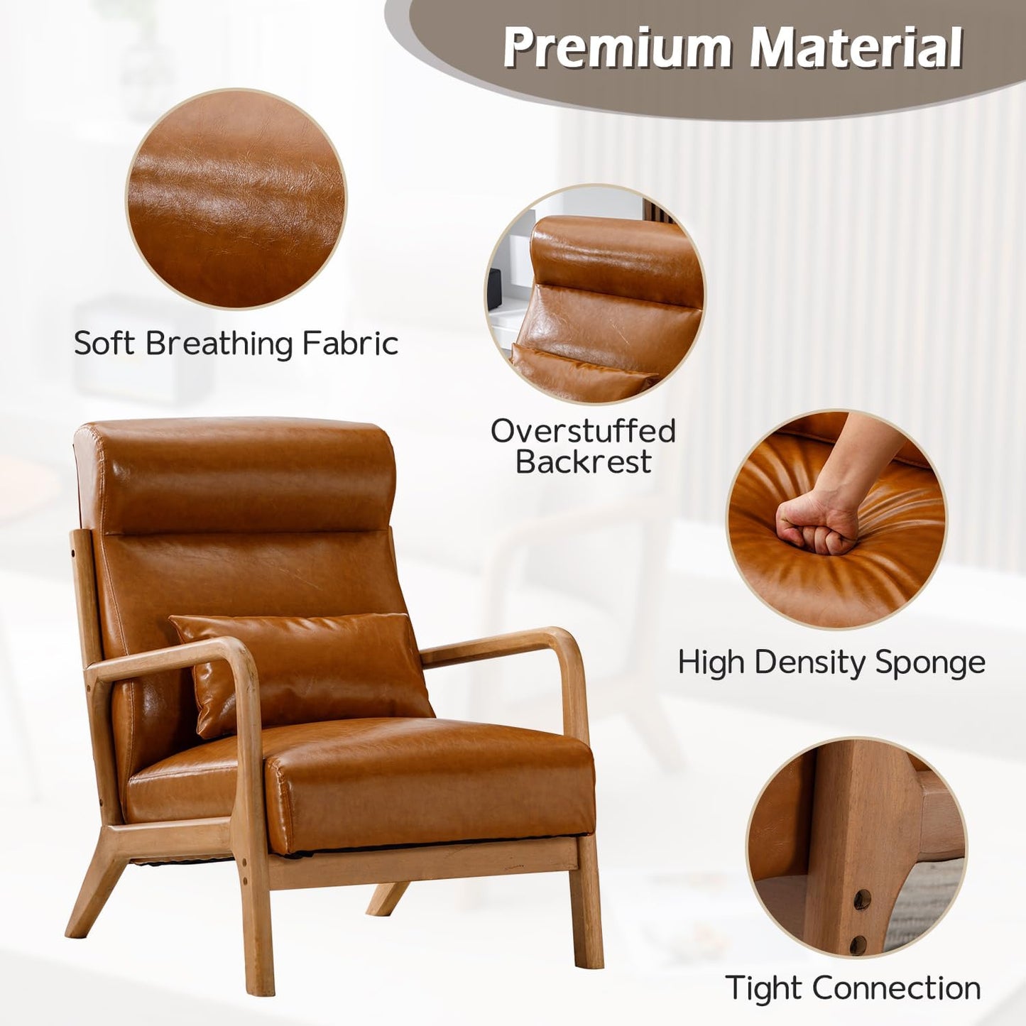 INZOY Mid Century Modern Accent Chair with High Back, PU Leather Reading Armchair with Waist Cushion, Upholstered Wood Frame Living Room Chairs for Bedroom Sunroom, Camel