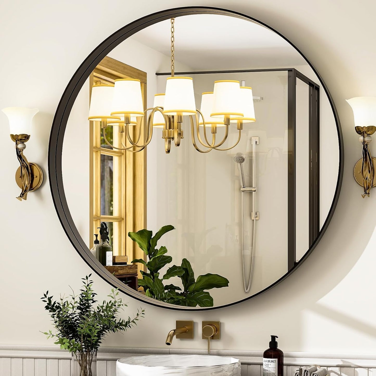 30 Inch Round Bathroom Mirror - Wall Mounted Circle Mirror with Metal Frame, Modern Mirror Suitable for Bathroom, Vanity, Entryway, Living Room, Wall Decor,Black
