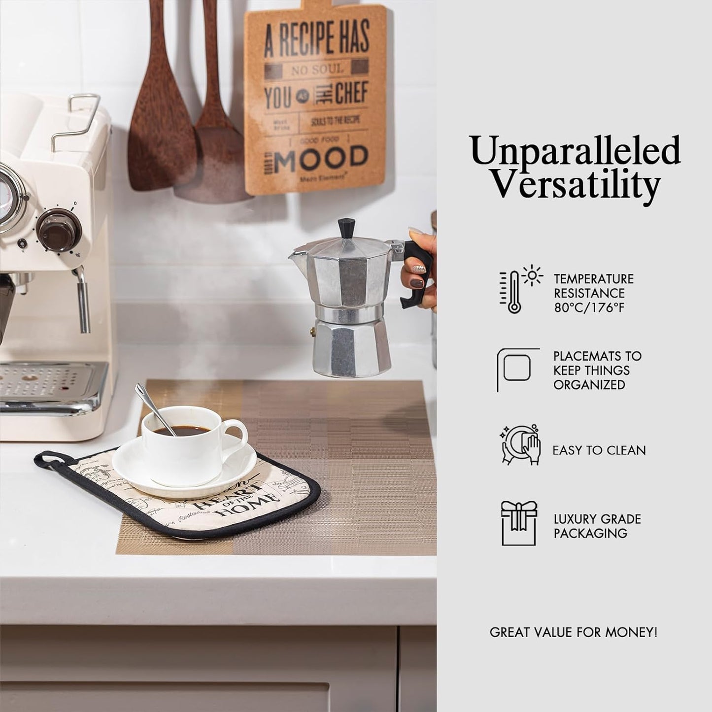 Placemats Set of 8 - Easy Clean Woven Vinyl Placemats for Dining Table, Indoor/Outdoor Place Mats, Washable PVC Table Mats （Gold Dune）