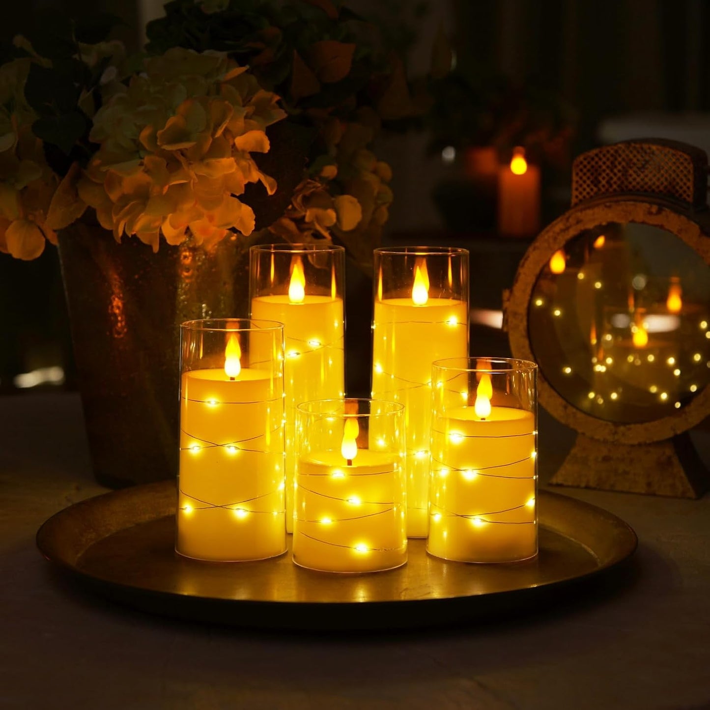 Homemory Flameless Candles with Embedded Star String Fairy Lights, Battery Operated Candles, LED Candle, Fake Candles with Remote Control and Timer, Ivory, Set of 5(H4 5" 6" 8" 8")