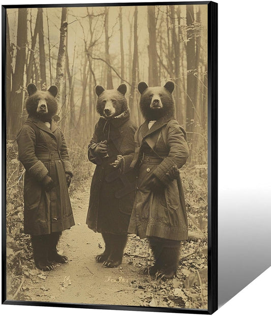 Vintage Horror Halloween Wall Decor Spooky The Three Bears In Occult Forest Spooky Canvas Wall Art Poster Gothic Dark Academia Decorations Room Creepy Print 24X36inch Aluminum Framed
