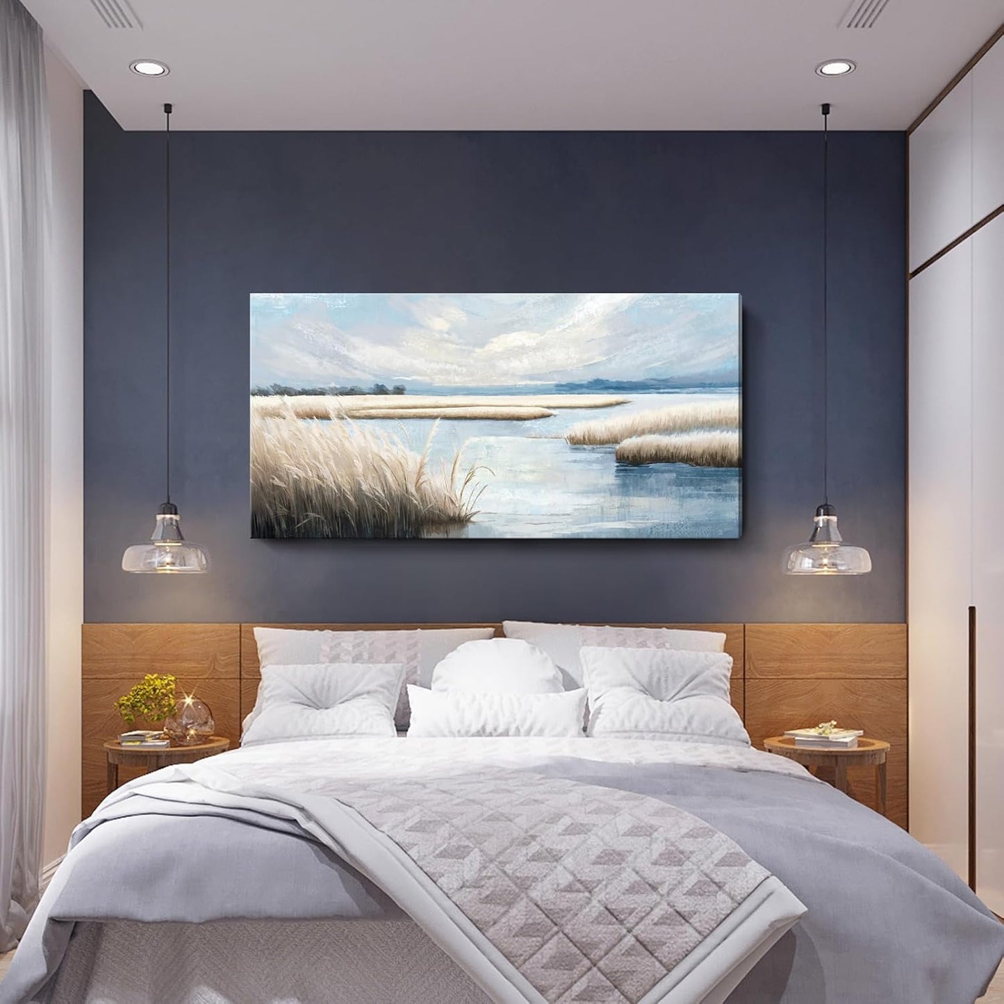 amatop Extra Large Coastal Marsh Landscape Wall Art – Neutral Blue Beige Wetland Canvas Print for Bedroom Living Room Office – Serene Nature Wall Decor,Oversized Ocean Artwork for Home Decoration