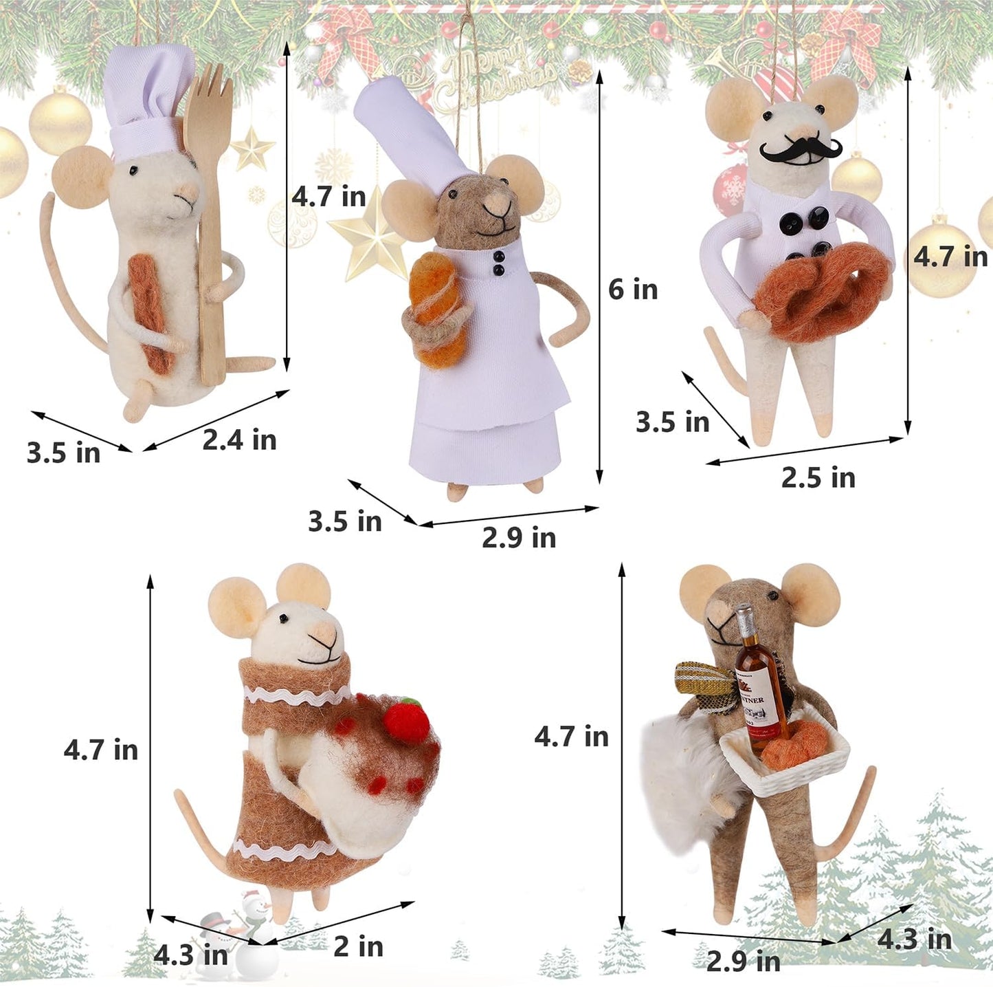 Set of 5 Christmas Felt Mice Ornaments, 4.7" Mini Hanging Wool Chef Mouse Figurines, Tiered Tray Tabletop Decor, Animal Crafts Cute Xmas Tree Festival Holiday Easter Gifts Home Office Party Supply
