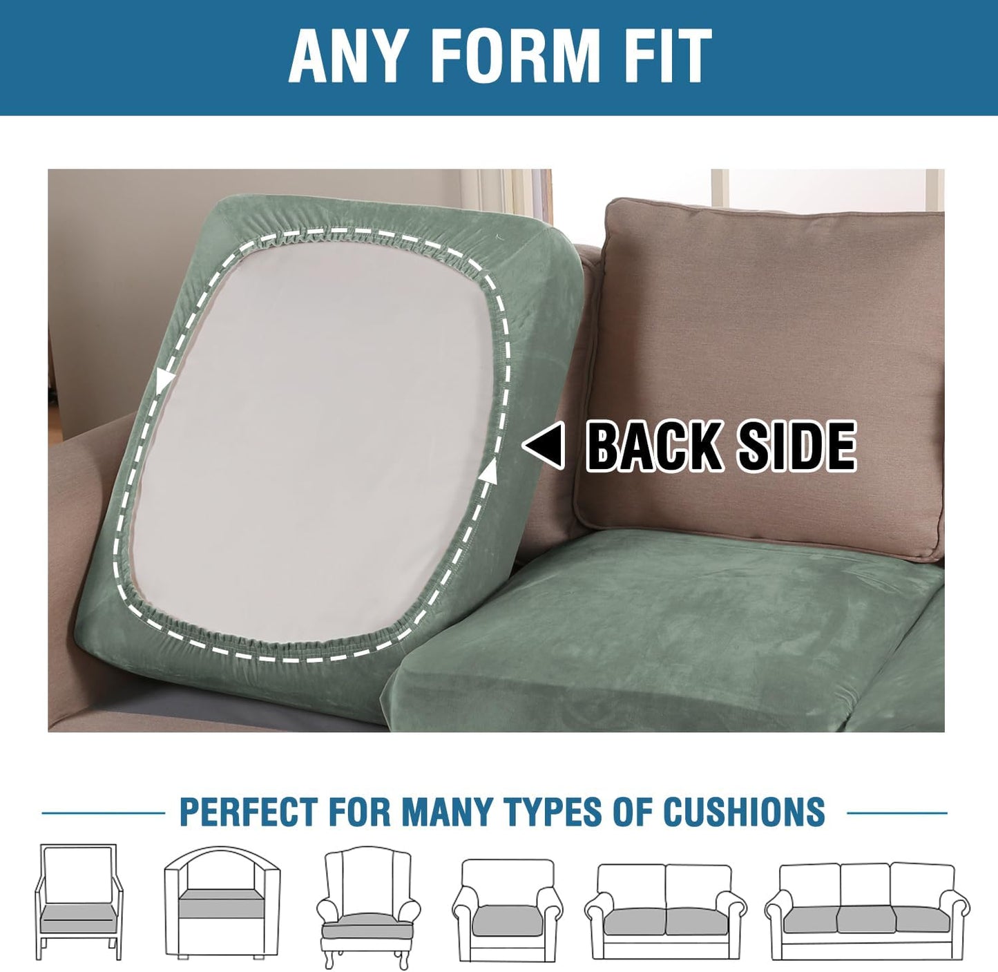 H.VERSAILTEX Velvet Stretch Couch Cushion Cover Plush Cushion Slipcover for Chair Loveseat Sofa Cushion Furniture Protector Seat Cushion Sofa Cover (3 Piece Sofa Cushion Covers, Sea Grass)