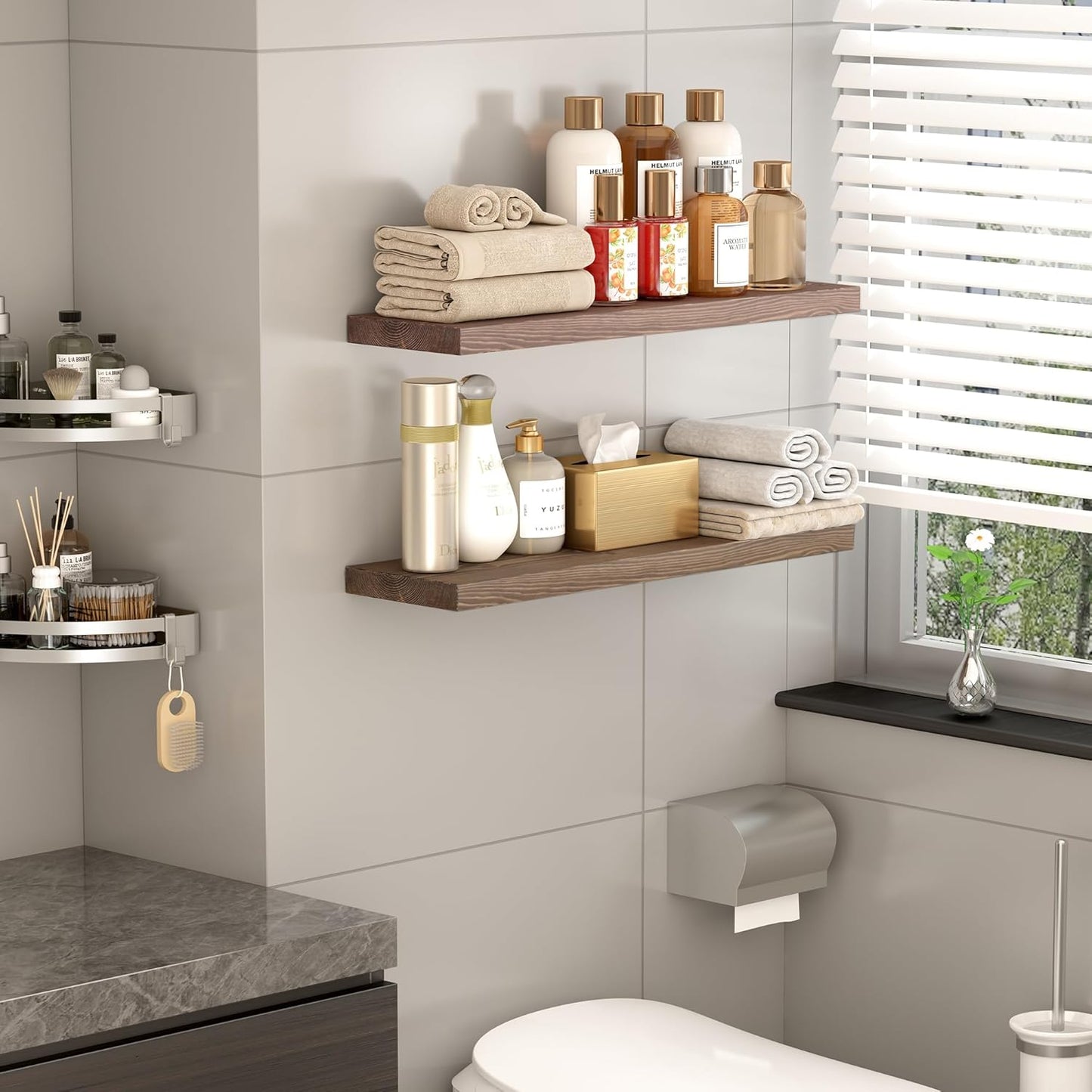 BGMG 30 inch Walnut Floating Shelves for Wall Set of 2,High End Solid Real Wood 30 in Floating Shelf,Rustic Wooden Wall Mount Shelves,Heavy Duty Bracket,30x6.7x1.25 inch