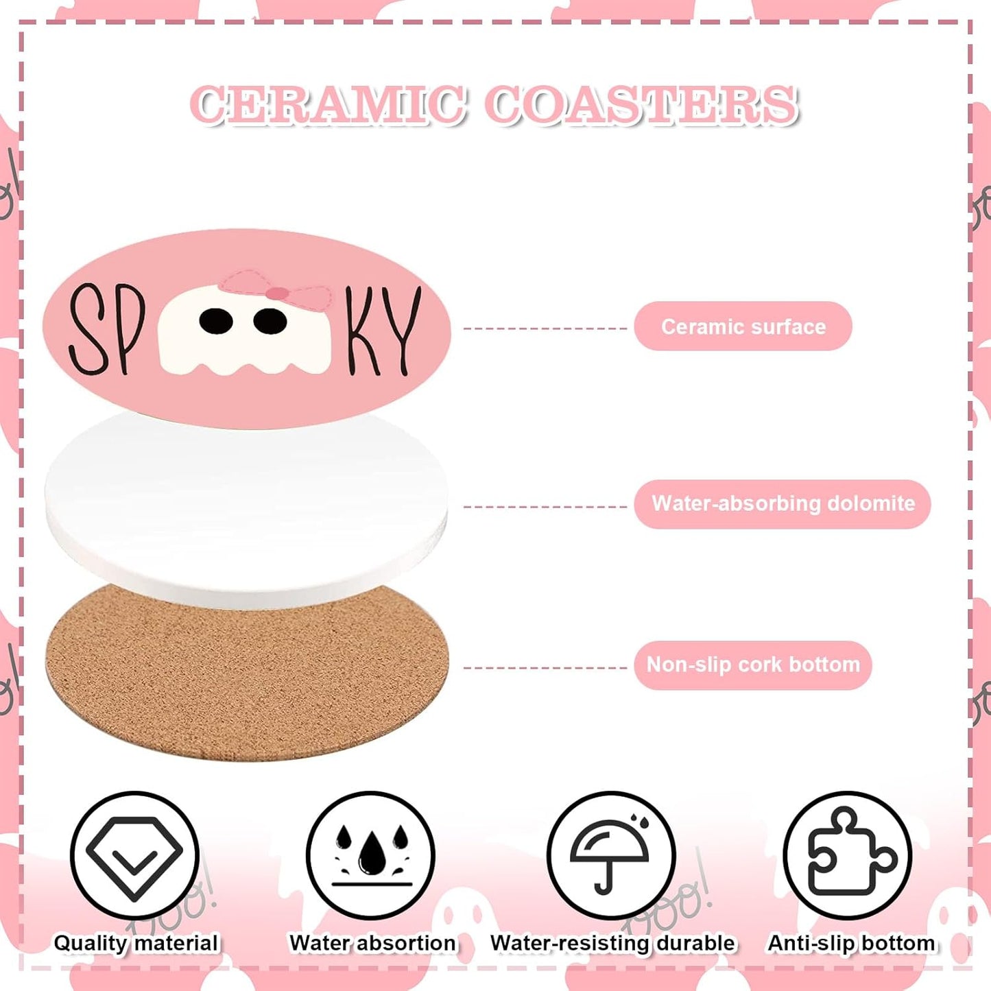 Whaline 4Pcs Halloween Ceramic Coasters Pink Ghost Pumpkin Drink Coasters Absorbent Cup Mat for Mug Cup Home Kitchen Party Table Decor