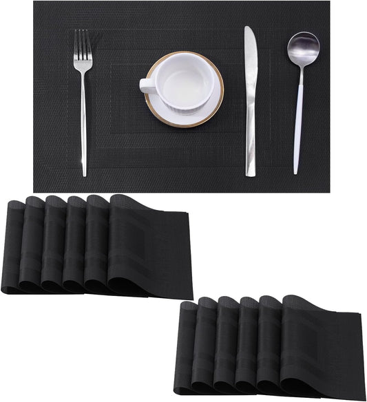 Leetaltree Black Frame Placemats Set of 12 - Heat Resistant Non-Slip Place mats for Dining Table, Washable Durable PVC Vinyl Woven Table Mats（Black Frame, 12）