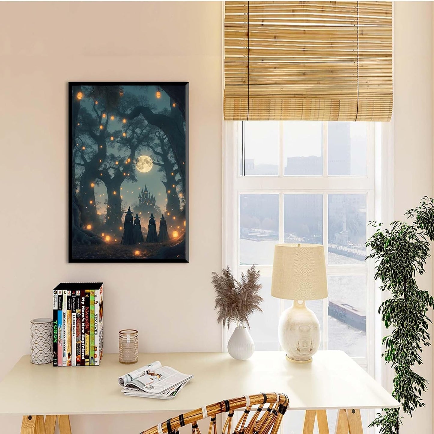 JFHCQJPK Mysterious creek painting witch and castle in magic forest art print canvas gothic print dark college decoration poster for home bedroom8x12in Metal blackFramed