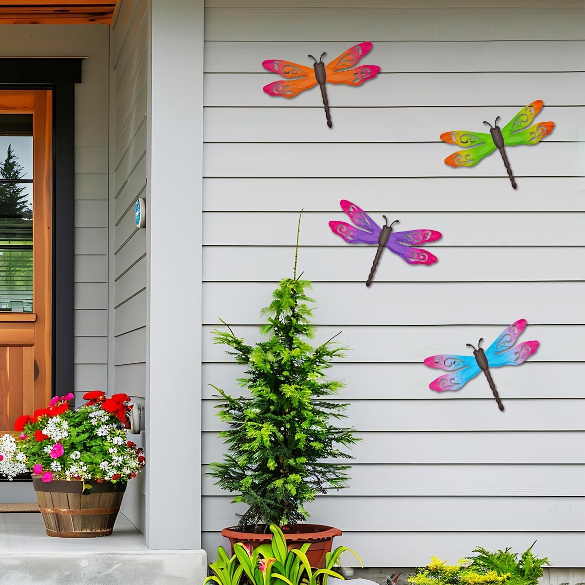 Metal Dragonfly Wall Decor, 4 Pack 14inch Metal Dragonfly Wall Hanging Sculpture Decor for Outdoor, Yard Patio Fence Garden Outside Decorations