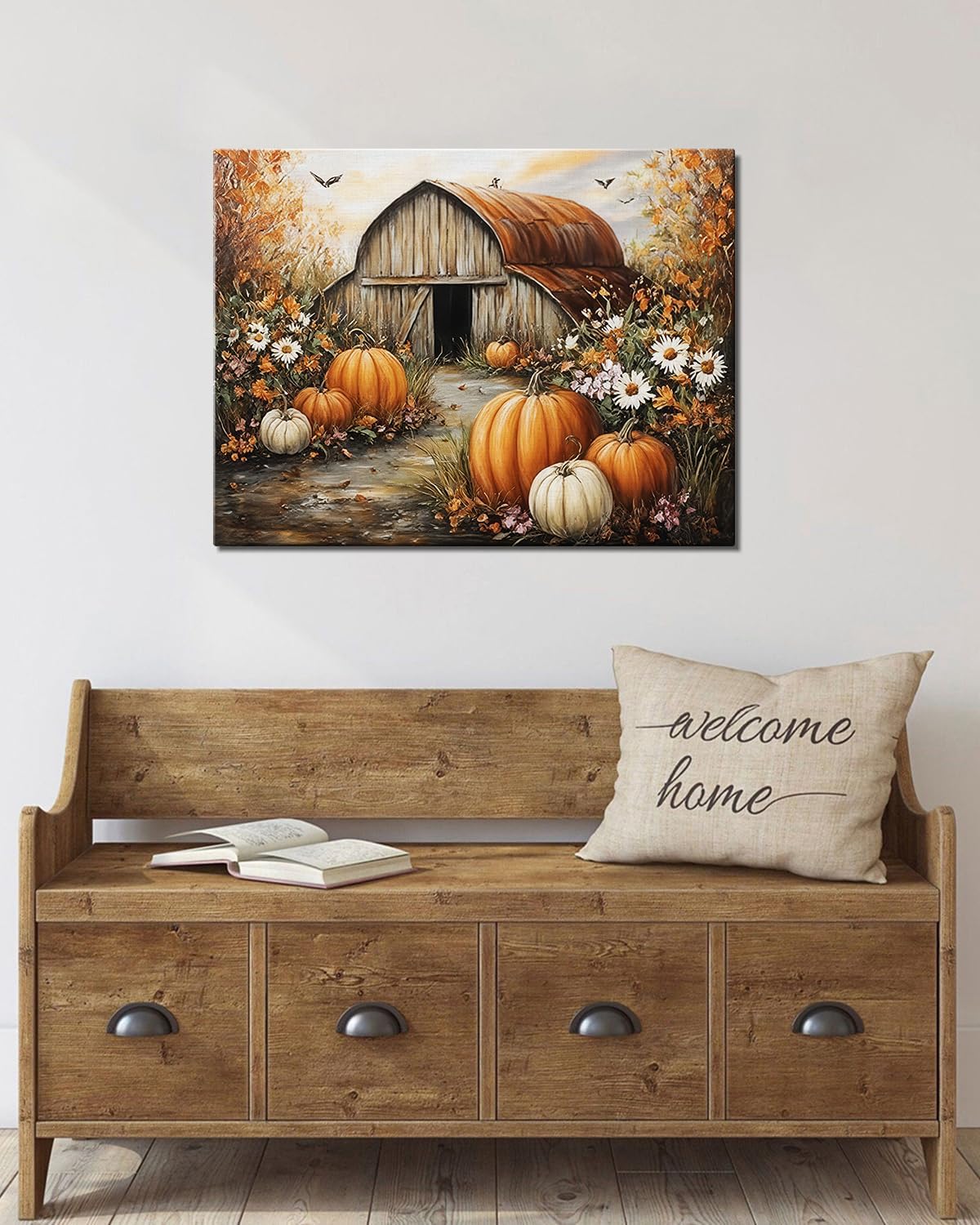 Autumn Pumpkin Barn Framed Wall Art Decor, Moody Fall Decor Rustic Country Landscape Picture Print for Farmhouse Decor,Thanksgiving Decorations Country Canvas Wall Art, Ready to Hang