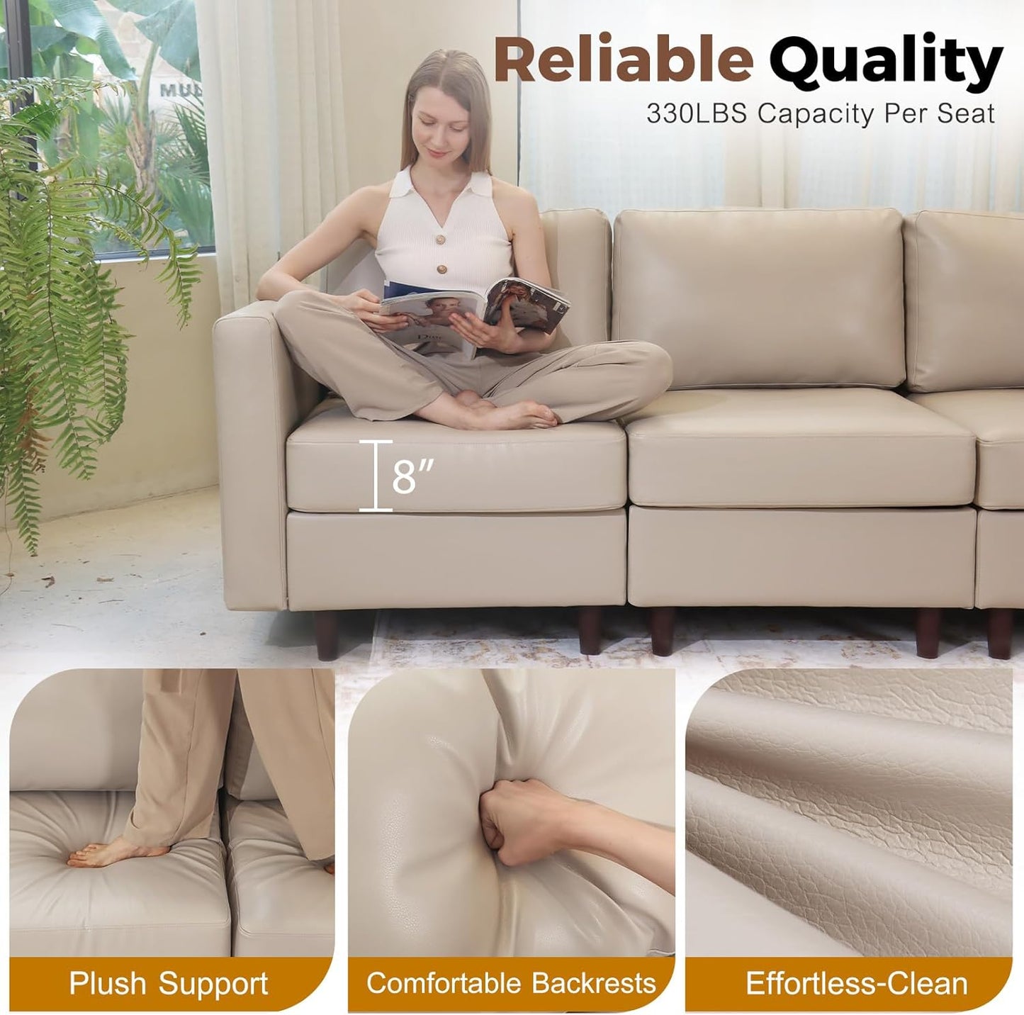 ABCASA Faux Leather Single Sofa, Modern Accent Chair Whitesand with Storage Deep Seat Large Reading Armchair for Living Room Bedroom Office