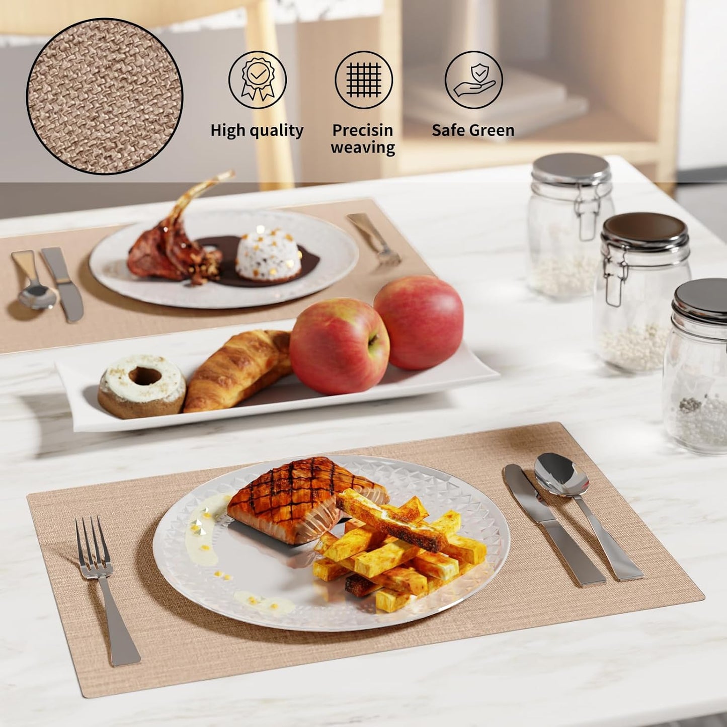 Cloth Placemats, Set of 6 Heat-Resistant Cotton Linen Blend Double Layered Machine Washable Place Mats, Wrinkle Free Thick Fabric Dining Table Mats for Indoors & Outdoors (Light Linen, 6)