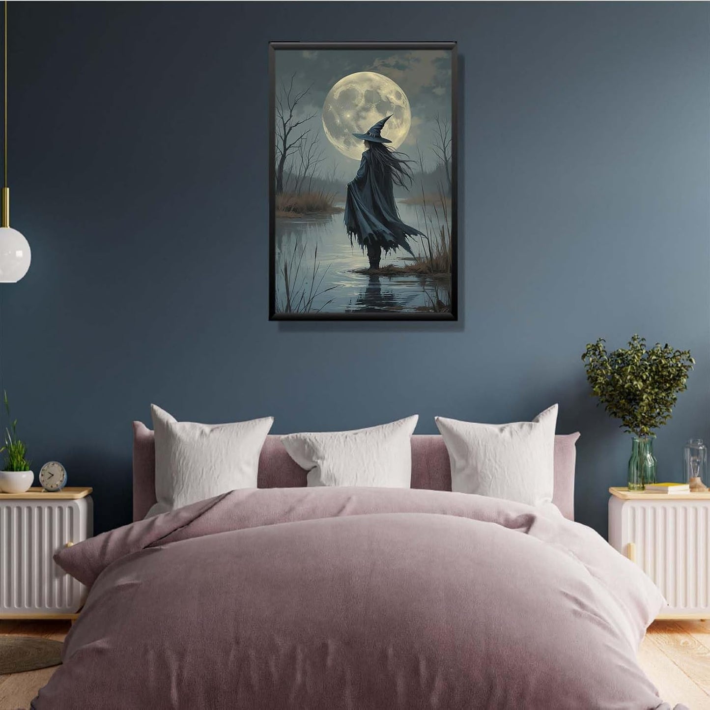JFHCQJPK Witch in the moonlight magic canvas wall art enchanting Halloween home decor swamp witch silhouette oil painting mysterious gothic aesthetic wall decor print poster16x24in Metal blackFramed