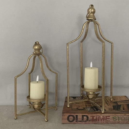 Large Tall Shabby Chic Lanterns Decorative Indoor Outdoor, Outside Gifts Front Porch Patio Vintage Metal Candle Holders, Fireplace Table Floor Farmhouse Rustic Decor Set of 2 (Antique Gold)