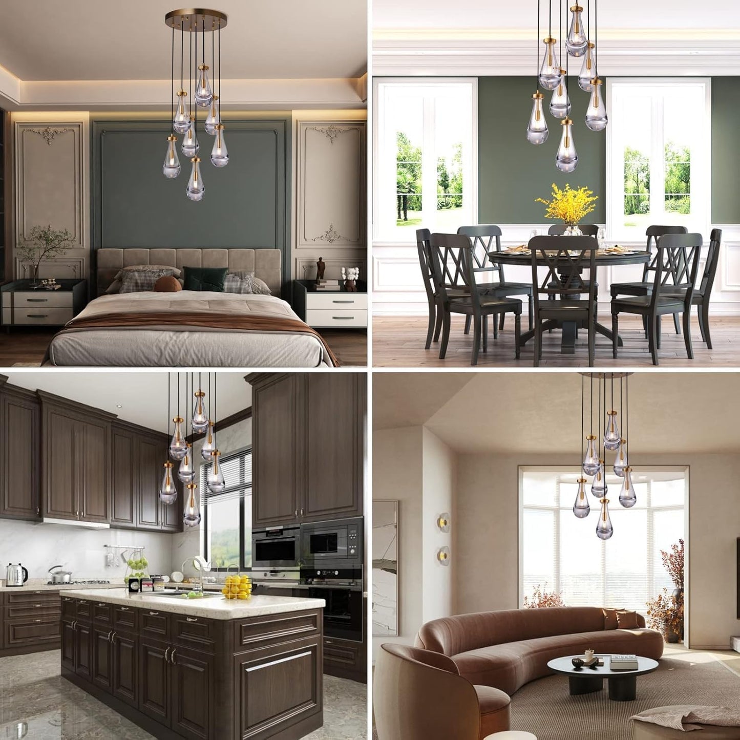 7 Light Raindrop Chandeliers, Brass Teardrop Cluster Pendant Lights Kitchen Island, Gold Dining Room Chandeliers Over Table Hanging Pendant Lighting for High Ceiling, Entryway Staircase