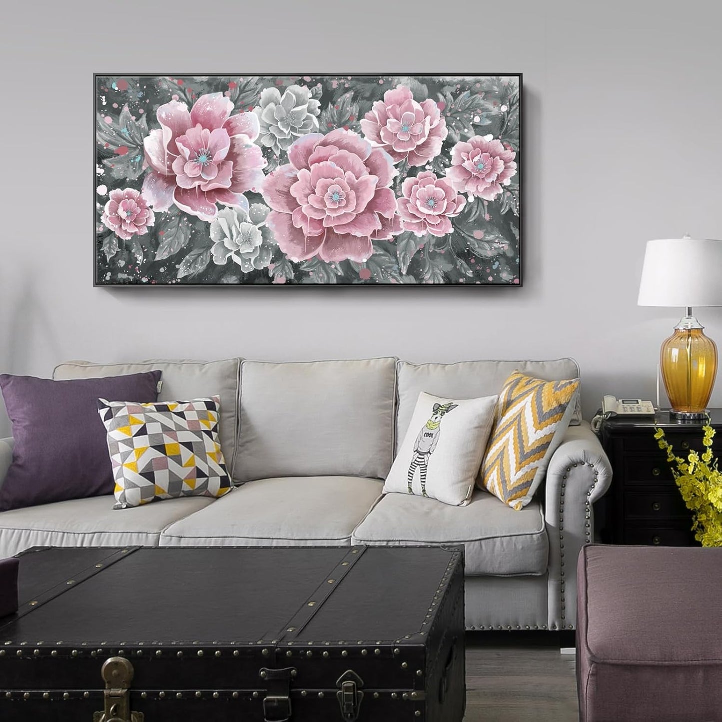 Oversized Framed Wall Art, Pink Flower Canvas Print Modern Pink & Grey Peony Blossom Artwork Extra Large Wall Picture Floral Decor for Living Room Bedroom Dining Room Office Home Decor