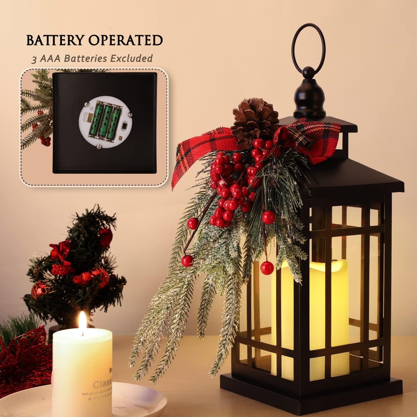 Christmas Lantern Christmas Decorative Lantern Snow Globe Christmas Decorations Indoor Outdoor Flashing Candle Lights, Dining Table Fireplace Decoration Hanging Candle Lanterns Holiday Decor