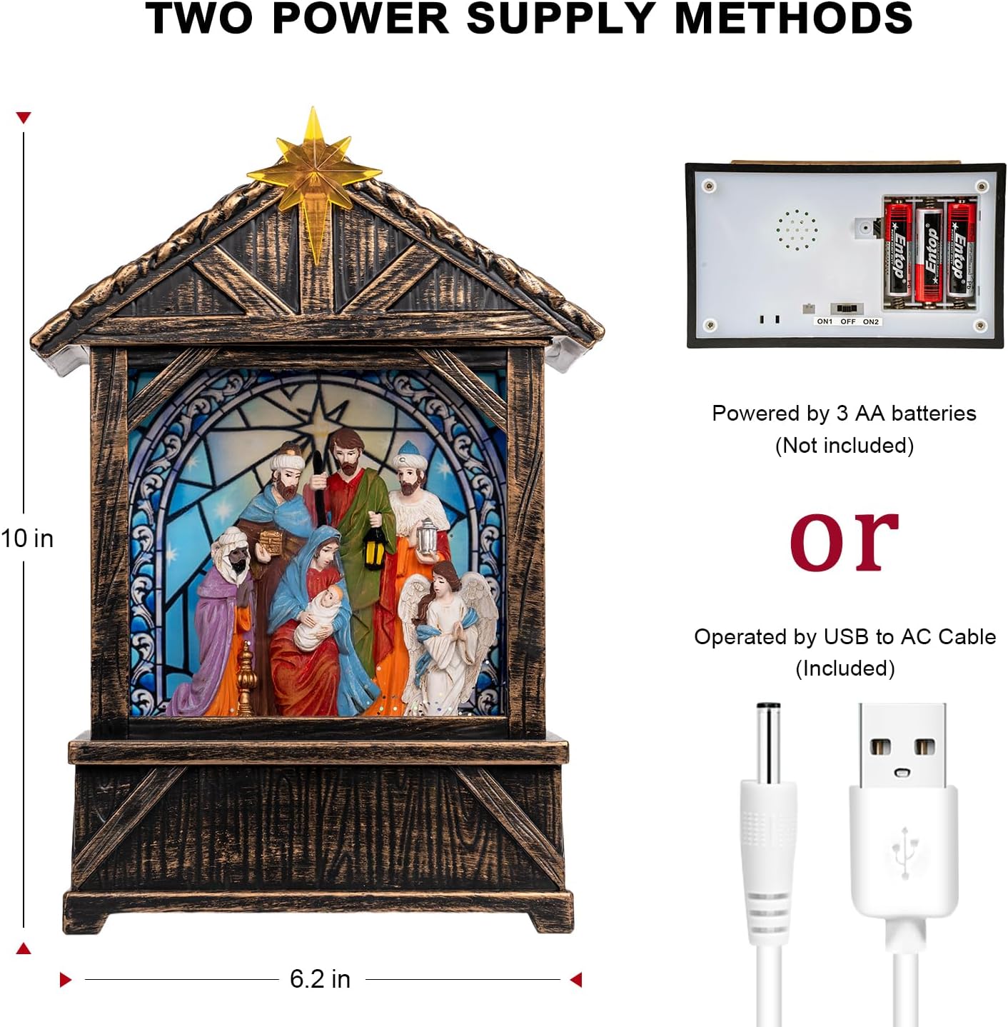 Christmas Snow Globe Lantern Water Glittering Nativity Manger with Star, USB Lined/Battery Operated Lighted Lantern for Christmas Festival Decoration Gifts