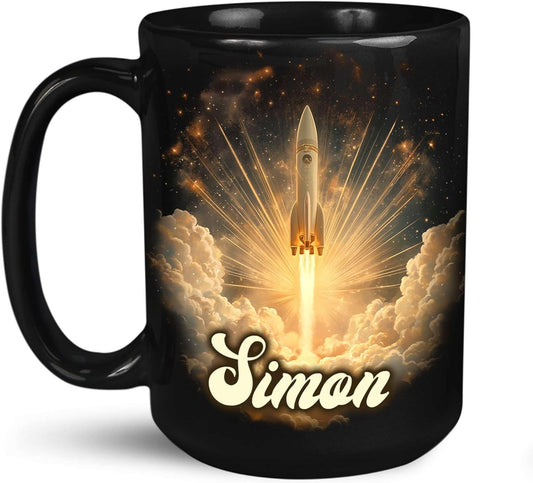 Sci-Fi Inspired Ceramic Mug for Men, Custom Name Coffee Mug 11oz or 15oz, Personalized Rocket Enthusiast Black Cup, Custom Vibrant Rocket Coffee Cup, Gifts for Astronaut Fans