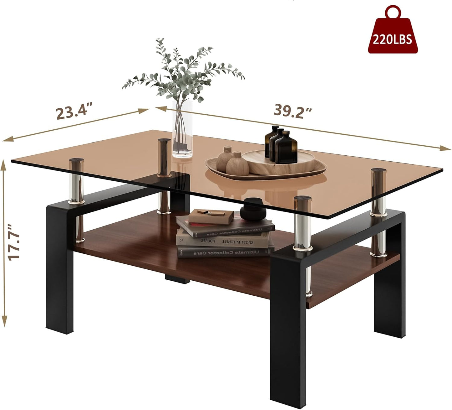 39" Brown Glass Coffee Table Walnut Modern Living Room Center Table Rectangle, with Wooden MDF Storage Layer, Black Metal Leg, for Small Apartment and Office, Brown