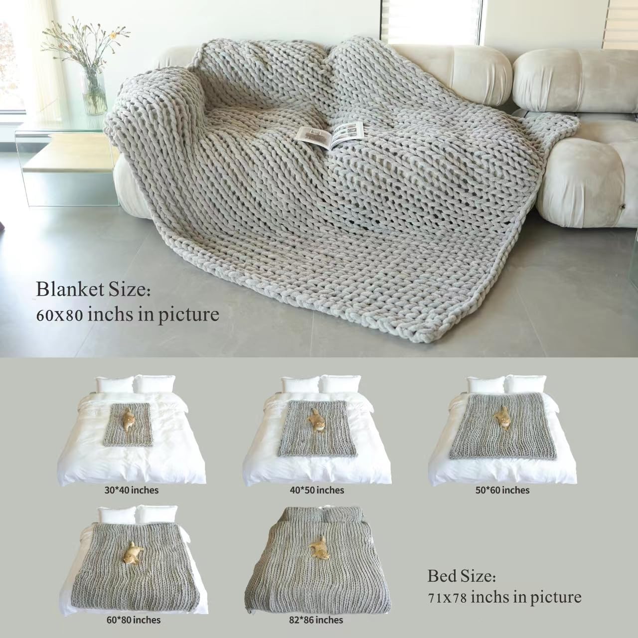 Maetoow Chenille Chunky Knit Blanket Throw （60×80 Inch）, Handmade Warm & Cozy Blanket Couch, Bed, Home Decor, Soft Breathable Fleece Banket, Christmas Thick and Giant Yarn Throws，White