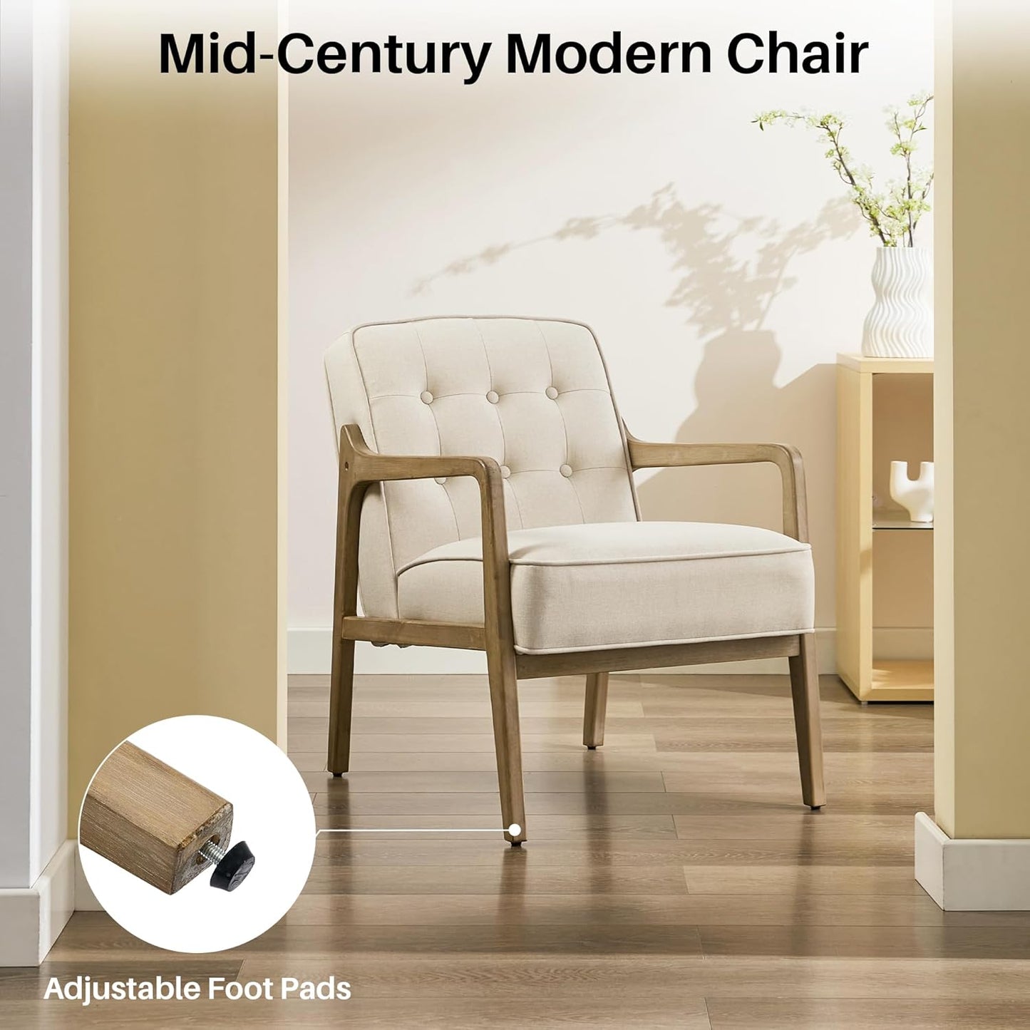 Linen Accent Chair, Mid Century Modern Chair for Living Room, Upholstered Comfy Lounge Armchair with Solid Wood Frame, Reading Side Chair for Bedroom,105°Ergonomic Comfort, White