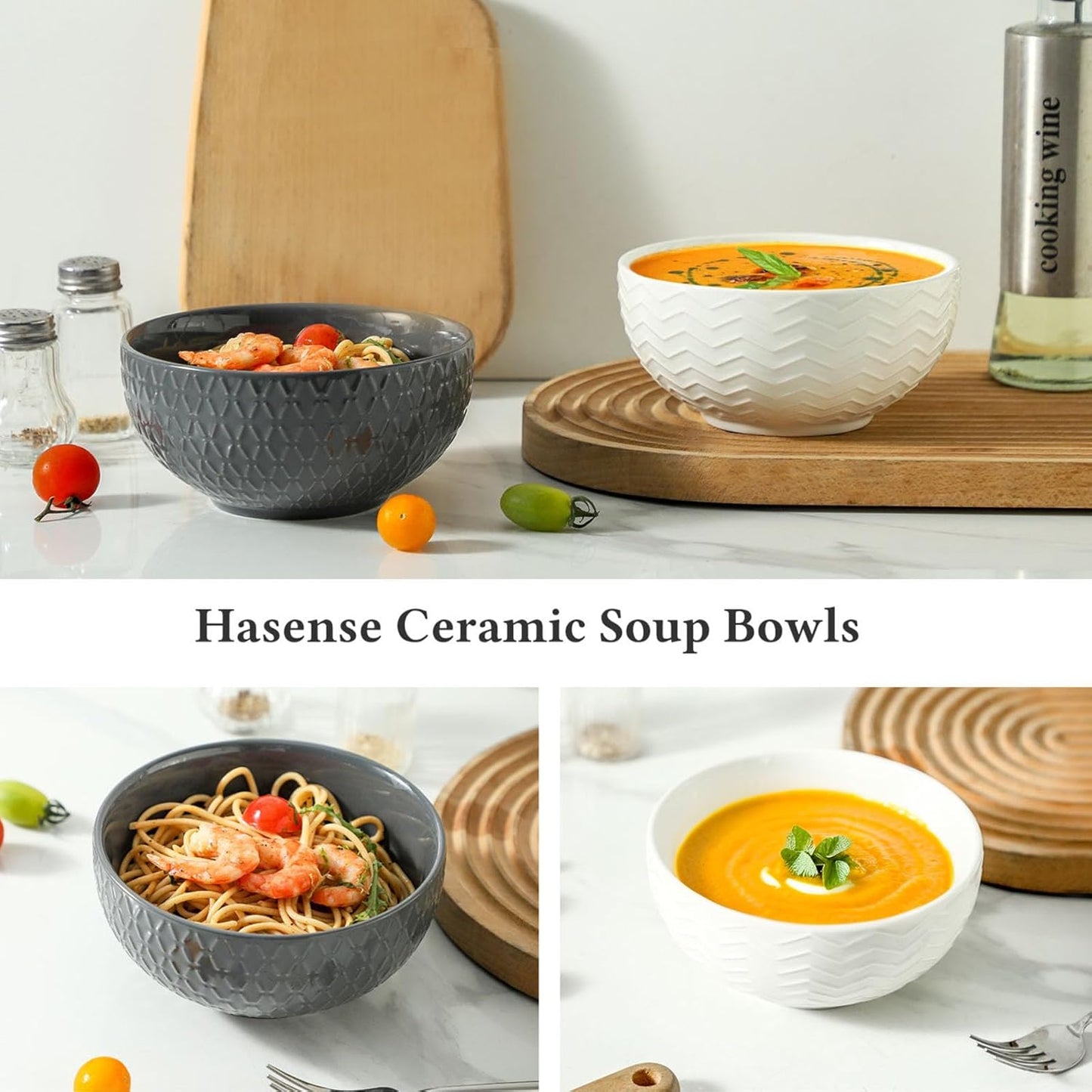 Hasense 26 OZ Soup Bowls, Ceramic Cereal bowls Set of 2 for Kitchen, Embossed Stoneware Porcelain Salad Bowls for Soup, Cereal, Oatmeal, Fruit, Microwave Dishwasher Safe, White And Gray