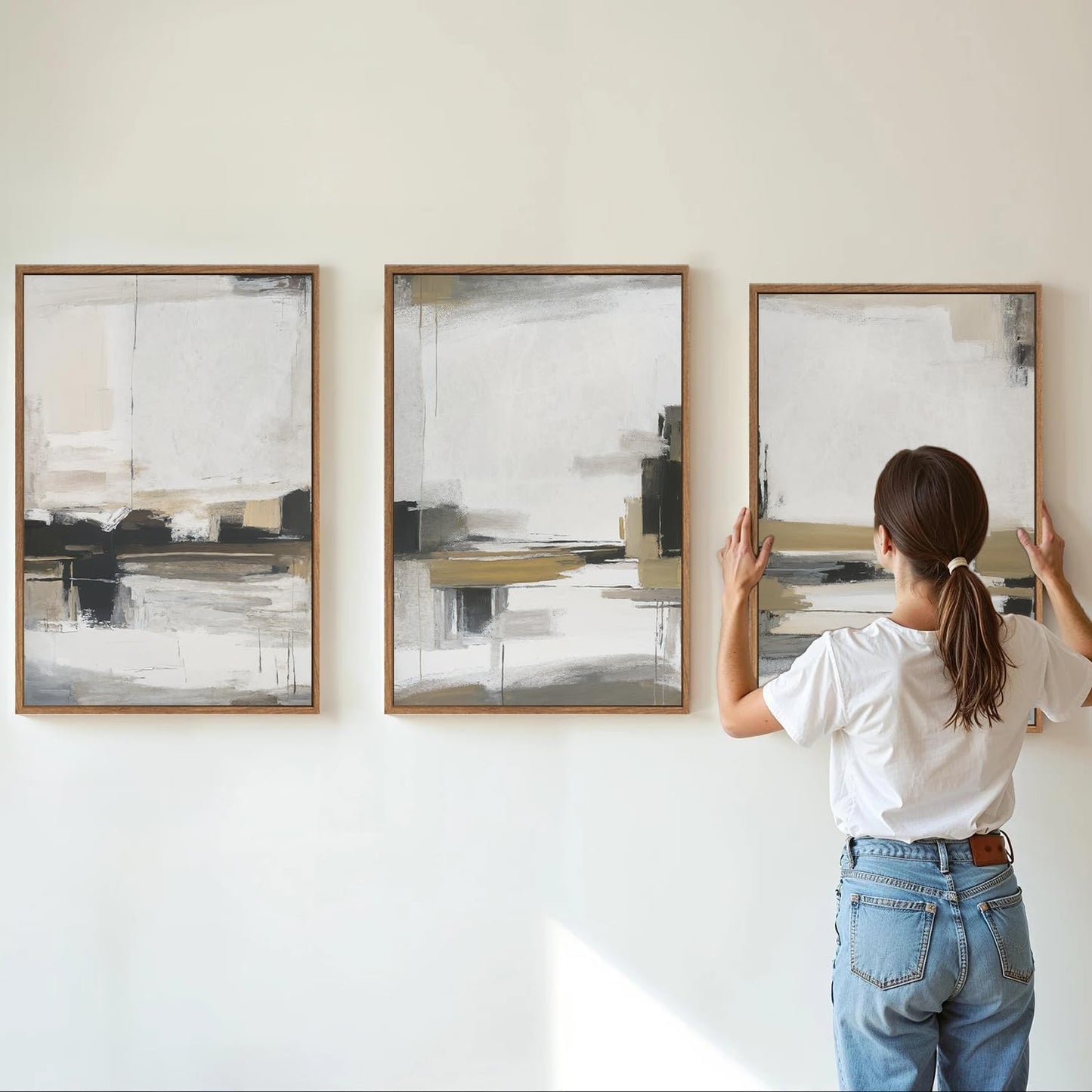 SIGNINART Beige Abstract Framed Canvas Wall Art Set, Black and White Textured Art Prints, Paint Strokes Minimalist Shapes Wall Decor, Neutral Modern Art Paintings for Living Room, Bedroom, Office 16"x24"x3