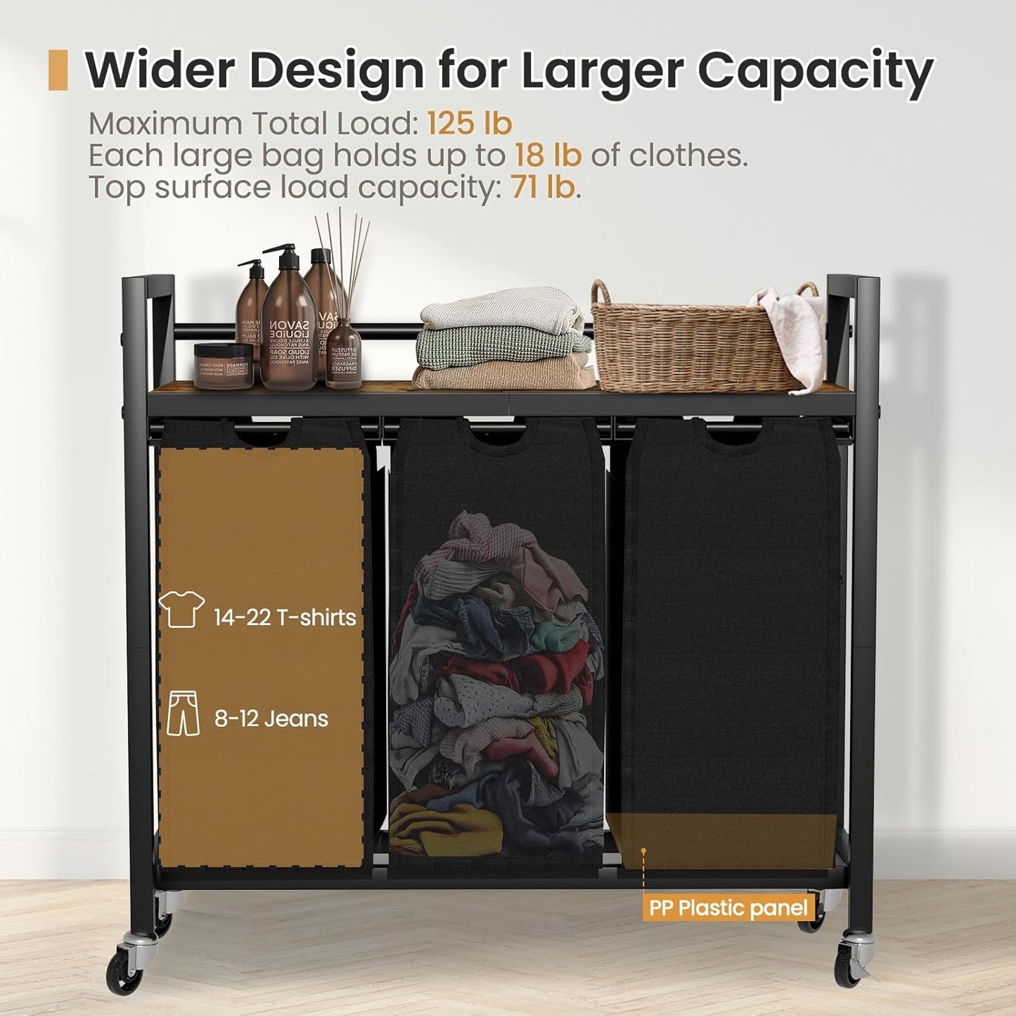 Laundry Hamper, Laundry Basket, Laundry Sorter with 3 Removable Bags, Clothes Basket with 3 Compartments, Wheels, Shelf for Laundry Room Bathroom Bedroom (3 Bags-Black)