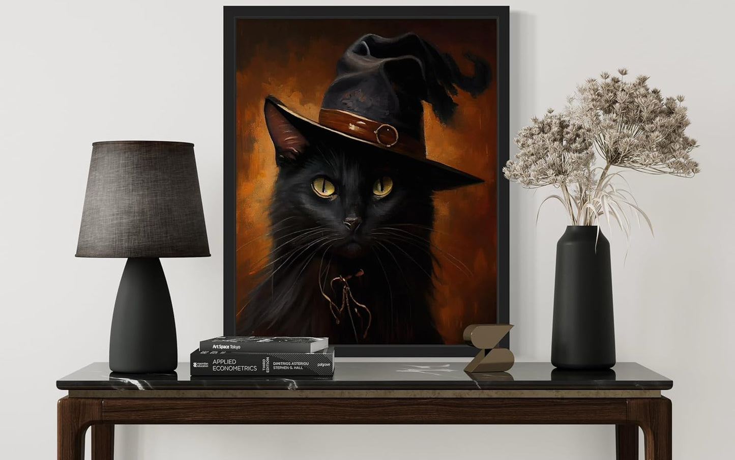 Witch Cat Poster Art Print, Halloween Scary Vintage Wall Art Academia Spooky Painting Decoration for Horror Prints, Gothic Posters Bedroom Decor 89 (Witch Cat, 16 x 20 inches, Black Frame)