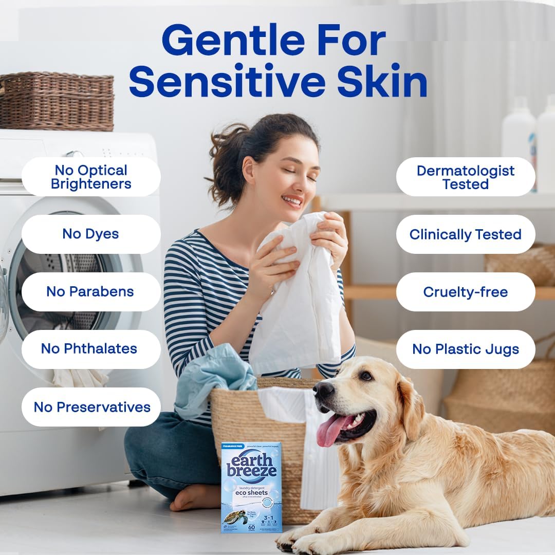 Earth Breeze Laundry Detergent Sheets Fragrance-Free - 180 Loads Eco Liquidless Soap - Travel-Friendly for Hot & Cold Cycles, Tackles Tough Stains & Odors - Gentle on Sensitive Skin, 90 Ct (3 Pack)