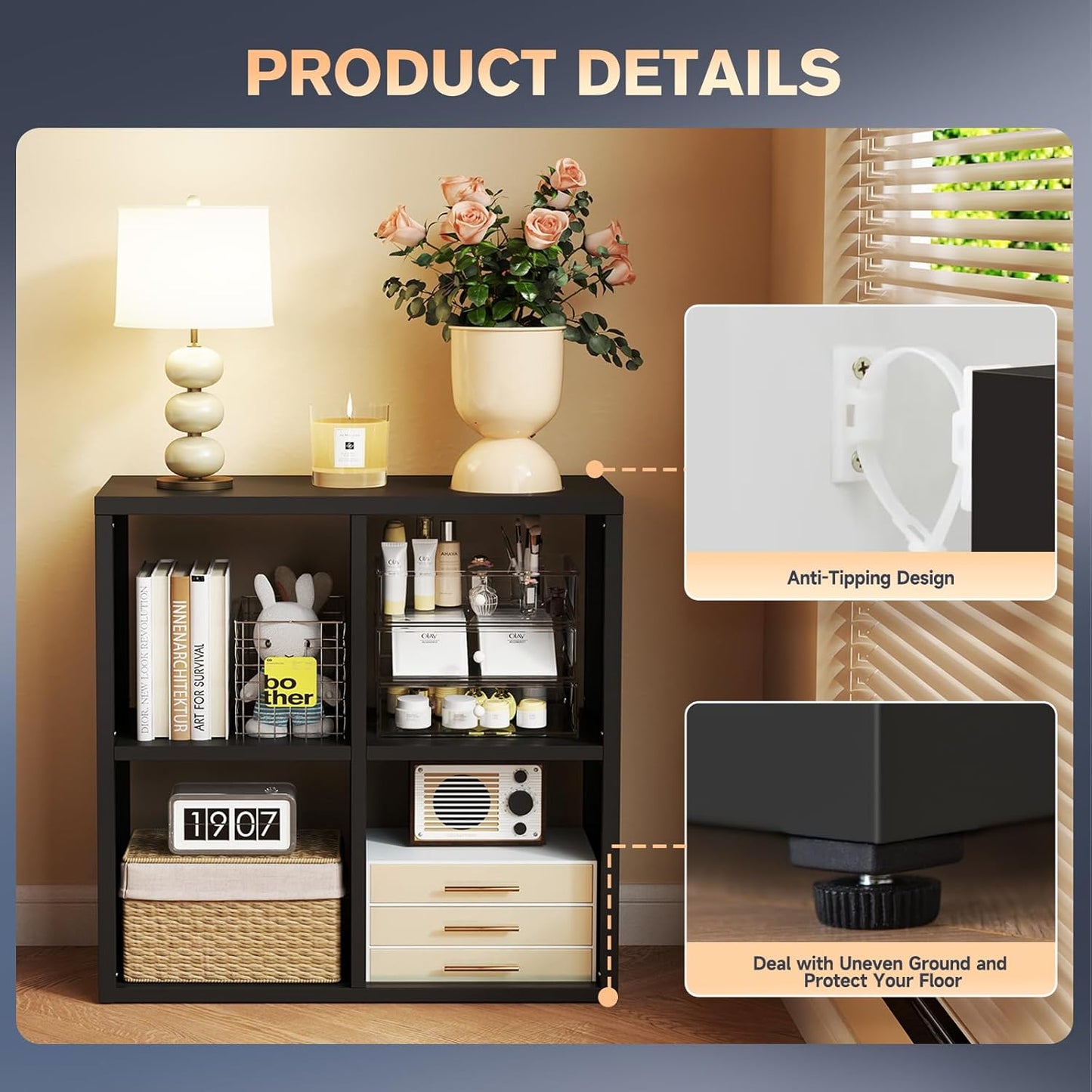 4 Cube Storage Organizer, Cubicle Open Back Decorative Book Shelf, 2-Tier Space Saving Storage Shelf Bookcase, Metal Display Shelf for Living Room,Office,Closet