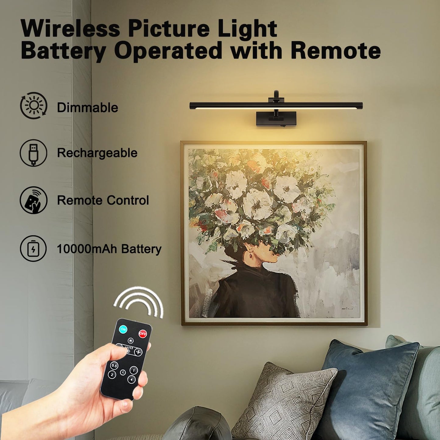 Dimmable Black Picture Lights with Remote and Timer Wireless Art Lights Rechargeable Gallery Lighting for Canvas Portrait 24'' Inch 5W Warm White