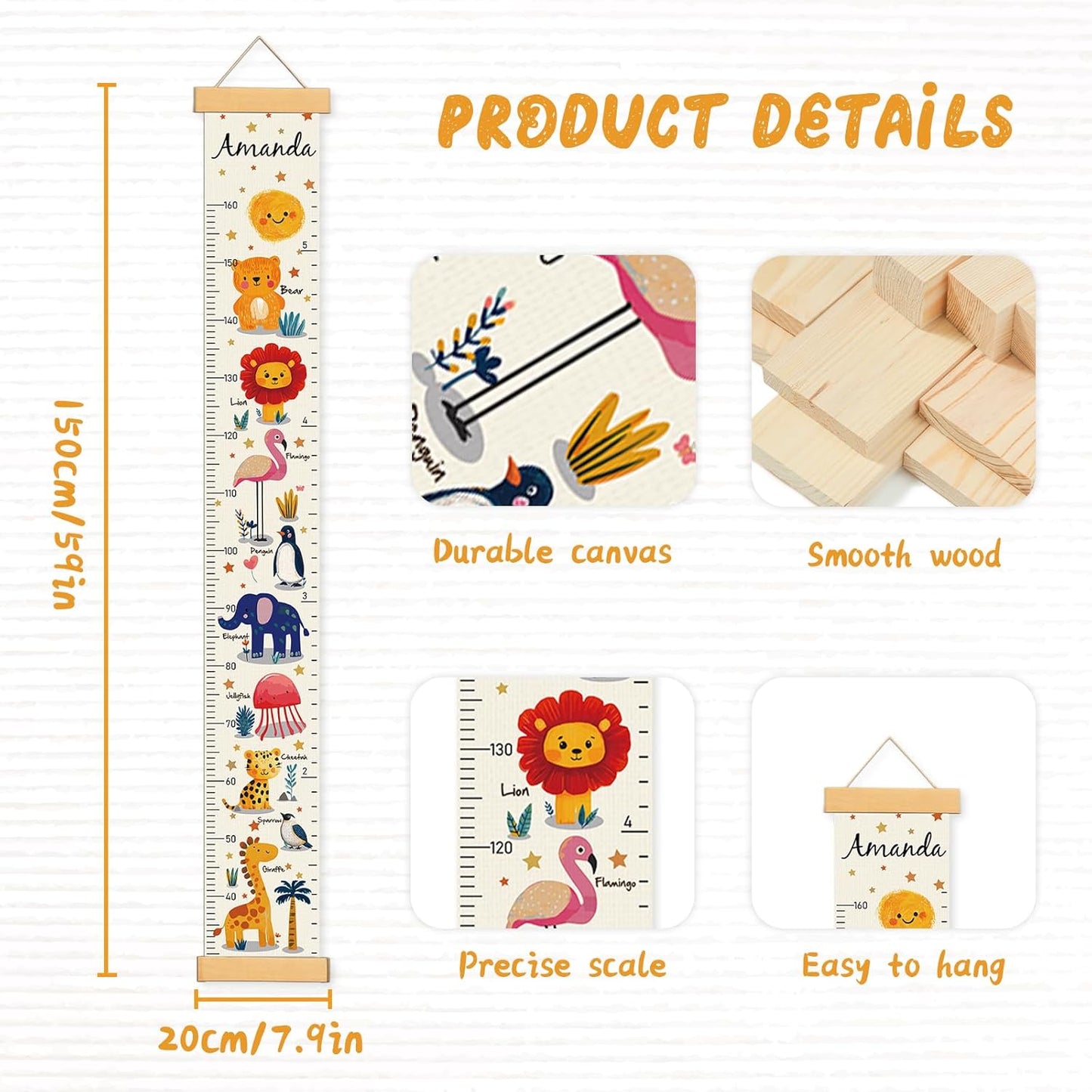Personalized Name Growth Chart Wall Decor for Kids – Canvas Removable Height Chart Measuring Ruler 59" x 7.9" （Animals）