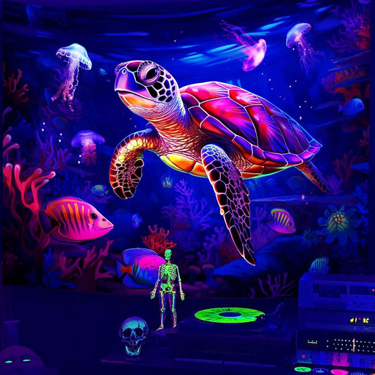 QGHOT Turtle Tapestry, Blacklight Ocean Tapestry Wall Hanging Undersea Black Light Poster for Kids Glow in the Dark for Kids Bedroom Children Toddler Room Decor 90x70in