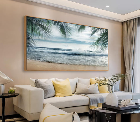 Framed Tropical Beach Wall Art - Ocean Waves Canvas Pictures Coastal Blue Sky and Sea Print Seaside Palm Tree Leaves Scene Painting Artwork Living Room Bedroom Office Home Decor 20" x 40"