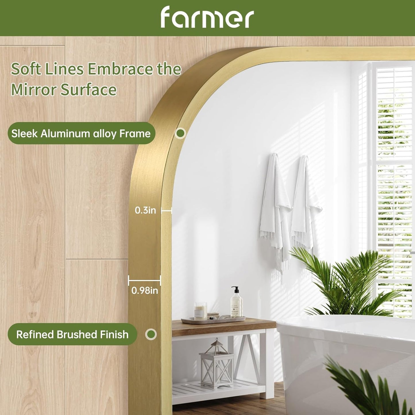 FARMER 30x36 Inch Gold Bathroom Mirror, Rectangle Vanity Mirror, Brushed Mirrors for Wall, Metal Frame Hanging Mirror with Round Corner for Bedrooms, Entryways, Living Rooms, Horizontal/Vertical