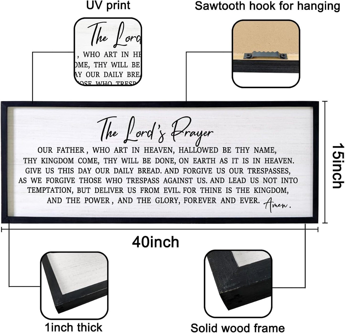 Our Father Prayer Bible Verse Framed Wall Art, 40''×15'' Rustic Religious Christian Lords Prayer Sign for God Jesus Christ Prayer, Horizontal Holy Inspirational Catholic Scripture Decor