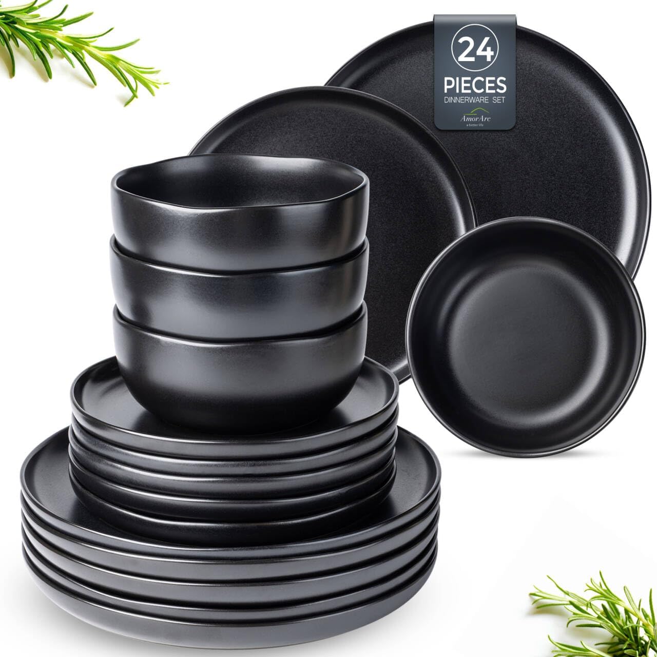 AmorArc Ceramic Dinnerware Sets, Wavy Rim Stoneware Plates and Bowls Sets, Highly Chip and Crack Resistant | Dishwasher & Microwave & Oven Safe Dishes set, Service for 8 (24pc)