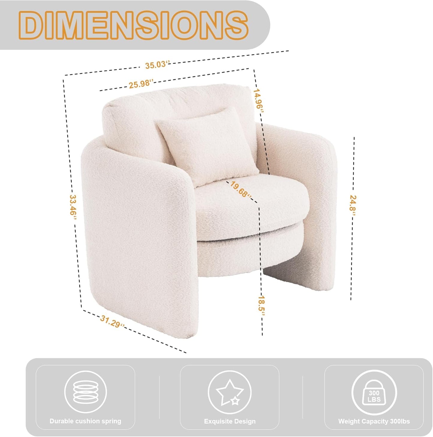 Chenille Accent Armchair Oversize Upholstered Barrel Comfy Modern Round Lounge Sofa Chair with Pillow Cozy Reading Chairs for Apartment,Office,Living Room,Dining,Makeup,Club,Beige