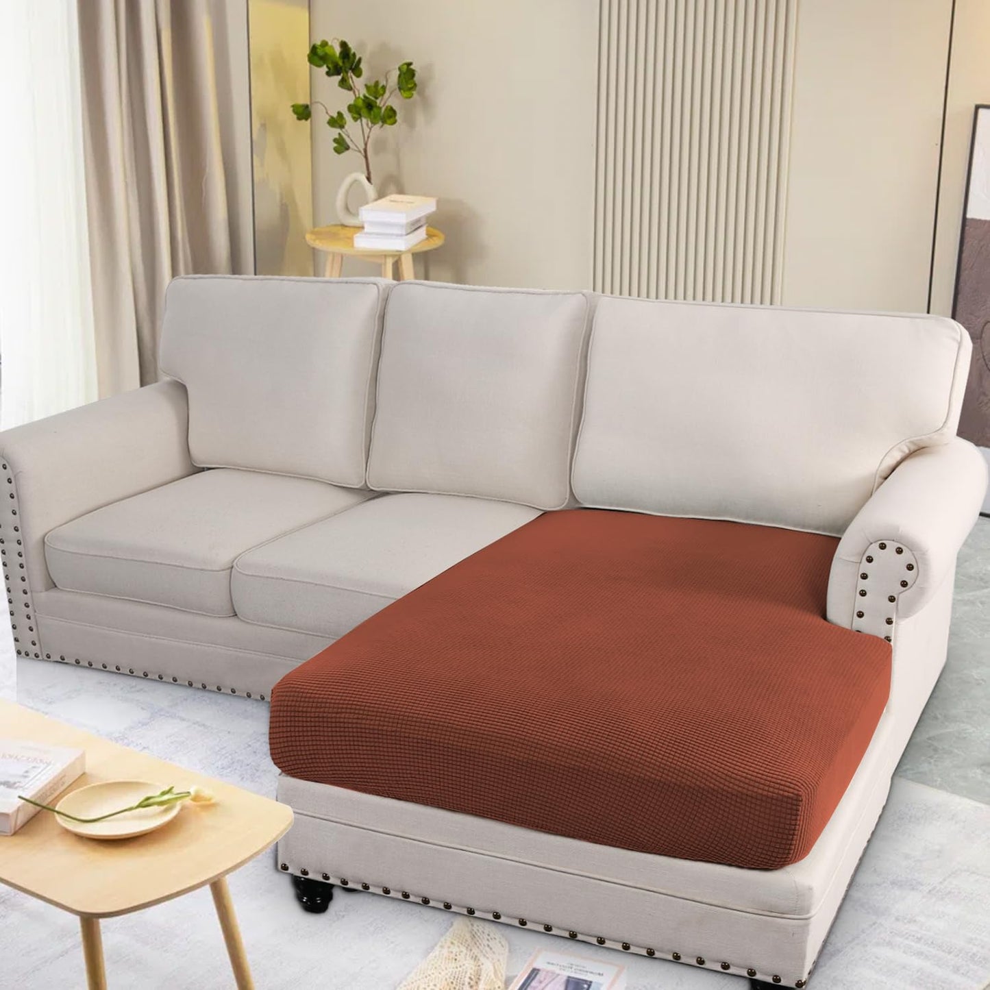 H.VERSAILTEX Super Stretch Individual Chaise Cover Sectional Couch Covers for L Shaped Sofa Both Left/Right Featuring Thick Jacquard Textured Twill Fabric (1 Piece Chaise Cover, Rust)