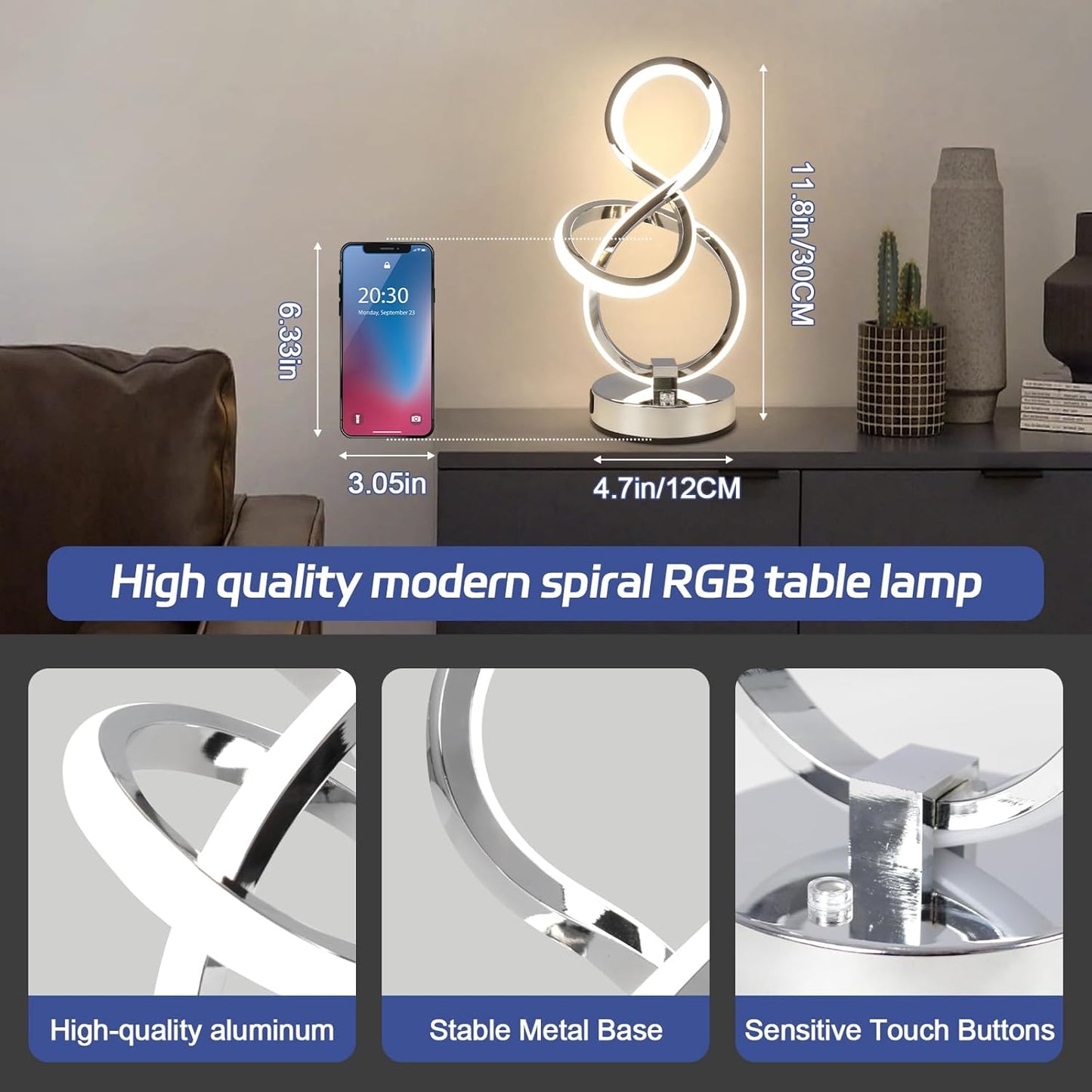 Modern Table Lamp, LED Bedside lamp with USB C+A Ports, Touch Stepless Dimmable Nightstand lamp, Unique Spiral Table lamp for Bedroom Living Room Home Office, LED Spiral lamp, Silver