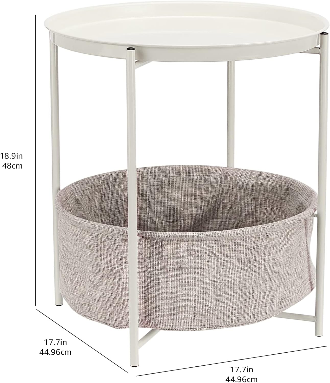 Amazon Basics Round Storage End Table, Side Table with Cloth Basket, White/Heather Gray, 17.7"L x 17.7"W x 18.9"H