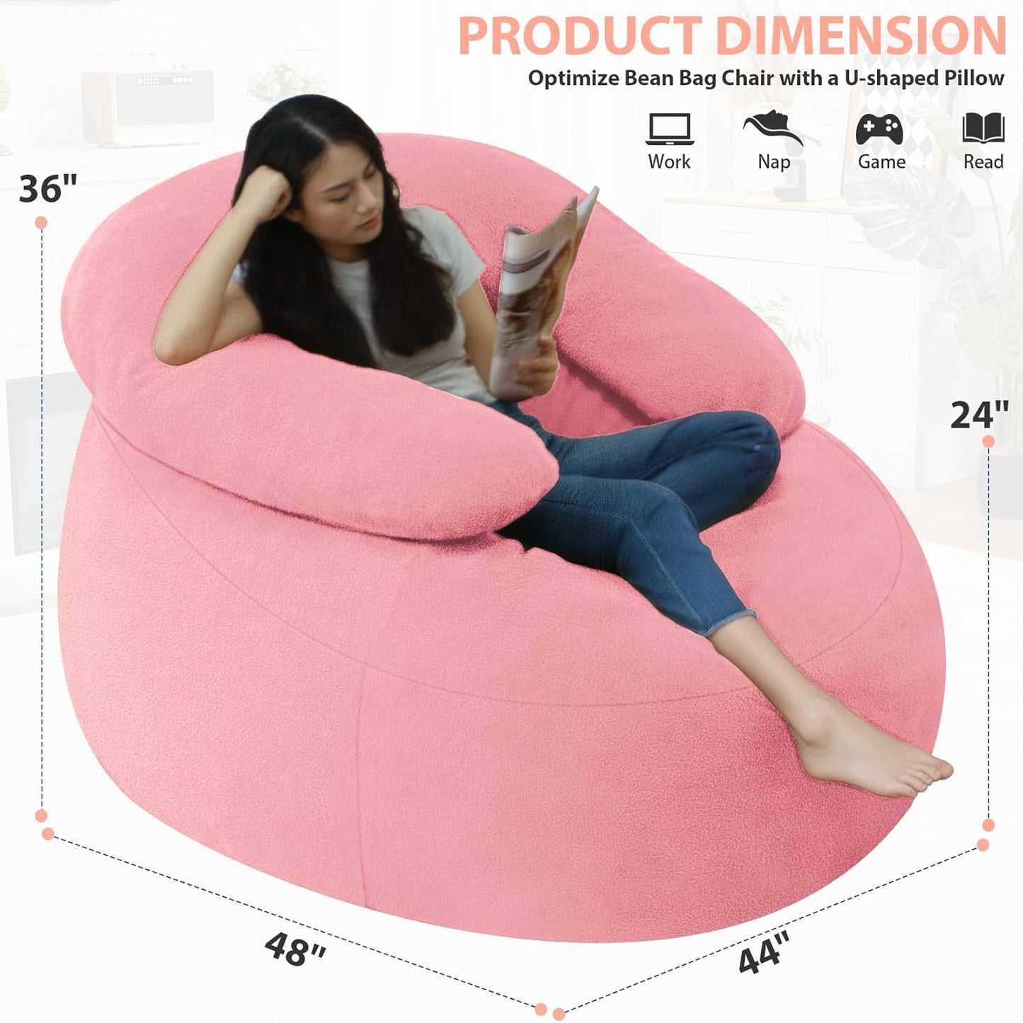 HABUTWAY Bean Bag Chair with U-Shaped Pillow for Adult and Kids Big BeanBag Chair with Filling Ultra Soft Teddy Fleece Couch Chair with Washable Cover for Living Room Bedroom, Light Pink & Light Pink