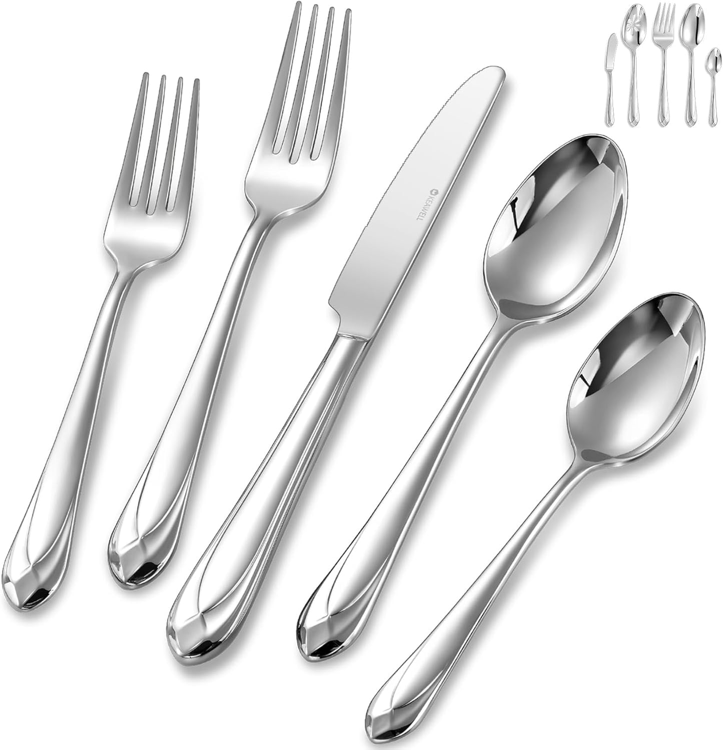 KEAWELL Premium Astra Flatware Set, 65-Piece for 12, Mirror-Finished 18/10 Stainless Steel Silverware, Modern Cutlery Dishwasher Safe for Meals and Gatherings (65, Silver)