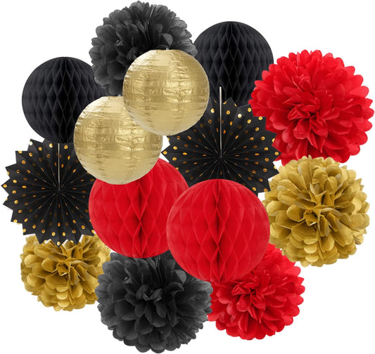 Red-Black Gold Party Decorations Streamers Lanterns - 14pcs Casino-Theme Graduation 2025 Paper Fan,Game Night Wedding Birthday Baby Bridal Shower Tissue Pom Poms,Honeycomb Balls Decor Ouruola