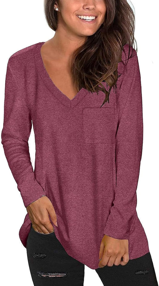 Tobrief Women's Long Sleeve V-Neck Shirts Fall Graphic Tees Loose Casual T-Shirt